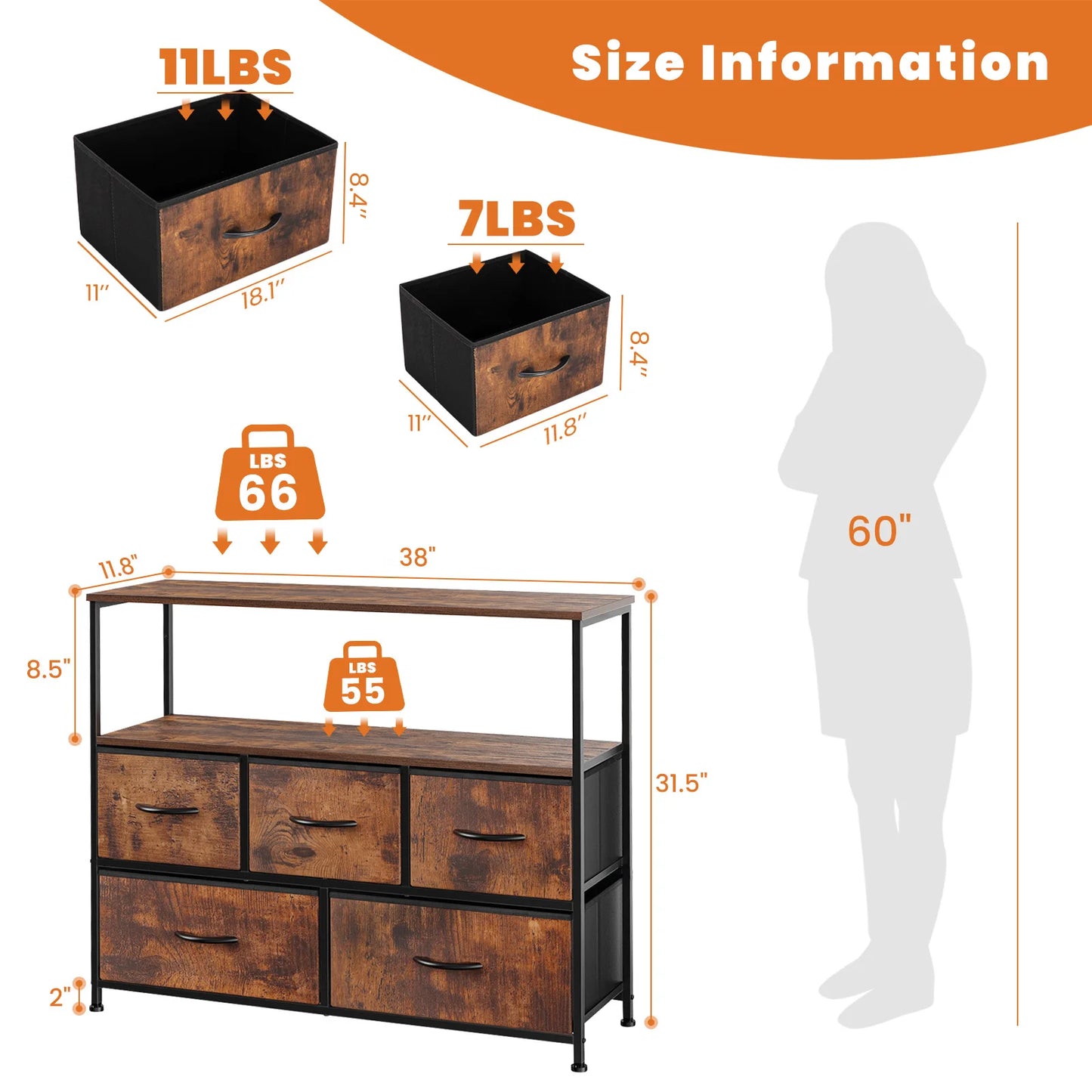 JHK Shoe Cabinet Dresser with 5 Fabric Drawers – Space-Saving Multi-Layer Shoe Rack Storage for Bedroom Living Room Entryway