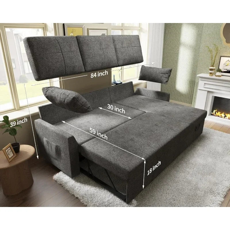 Grey Linen Sleeper Sofa Bed with Storage