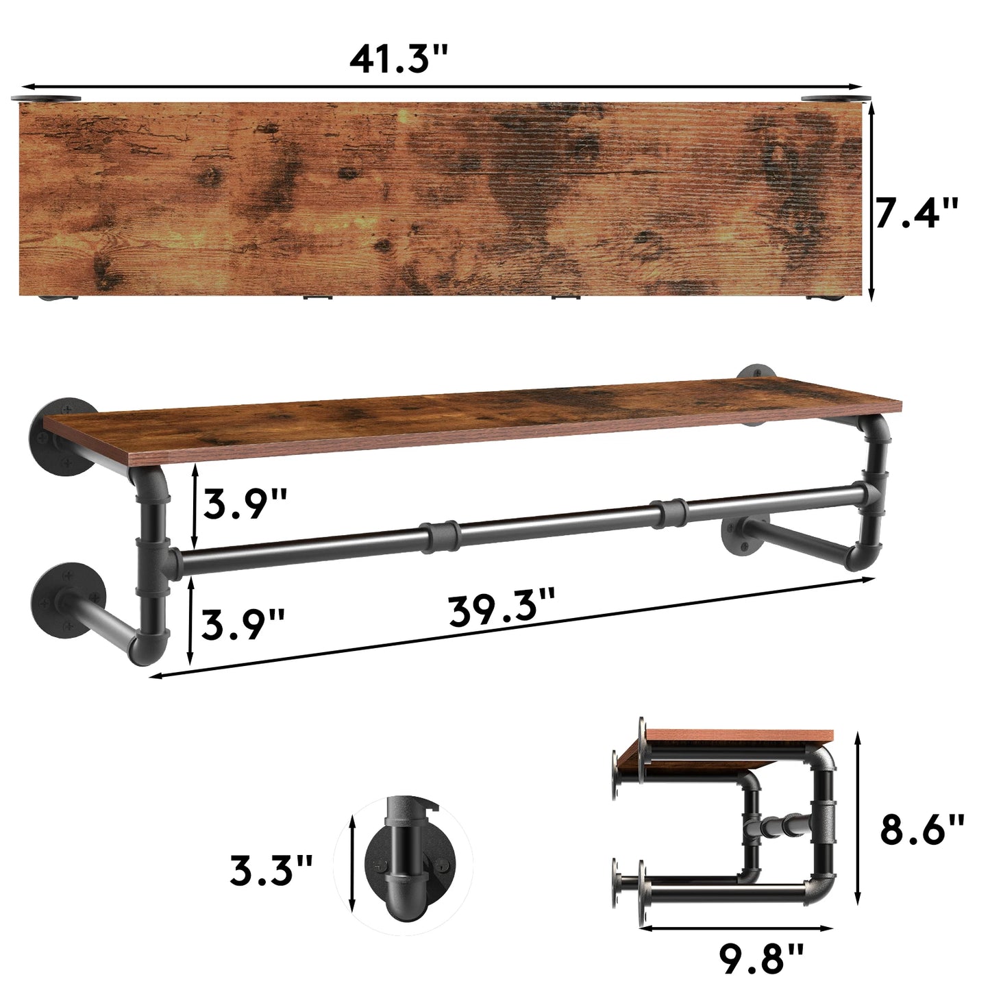 Industrial Pipe Wall Mounted Clothes Rack with Wood Shelf – Rustic Garment Hanging Rack for Bedroom, Laundry Room, Entryway & Closet Storage Organizer