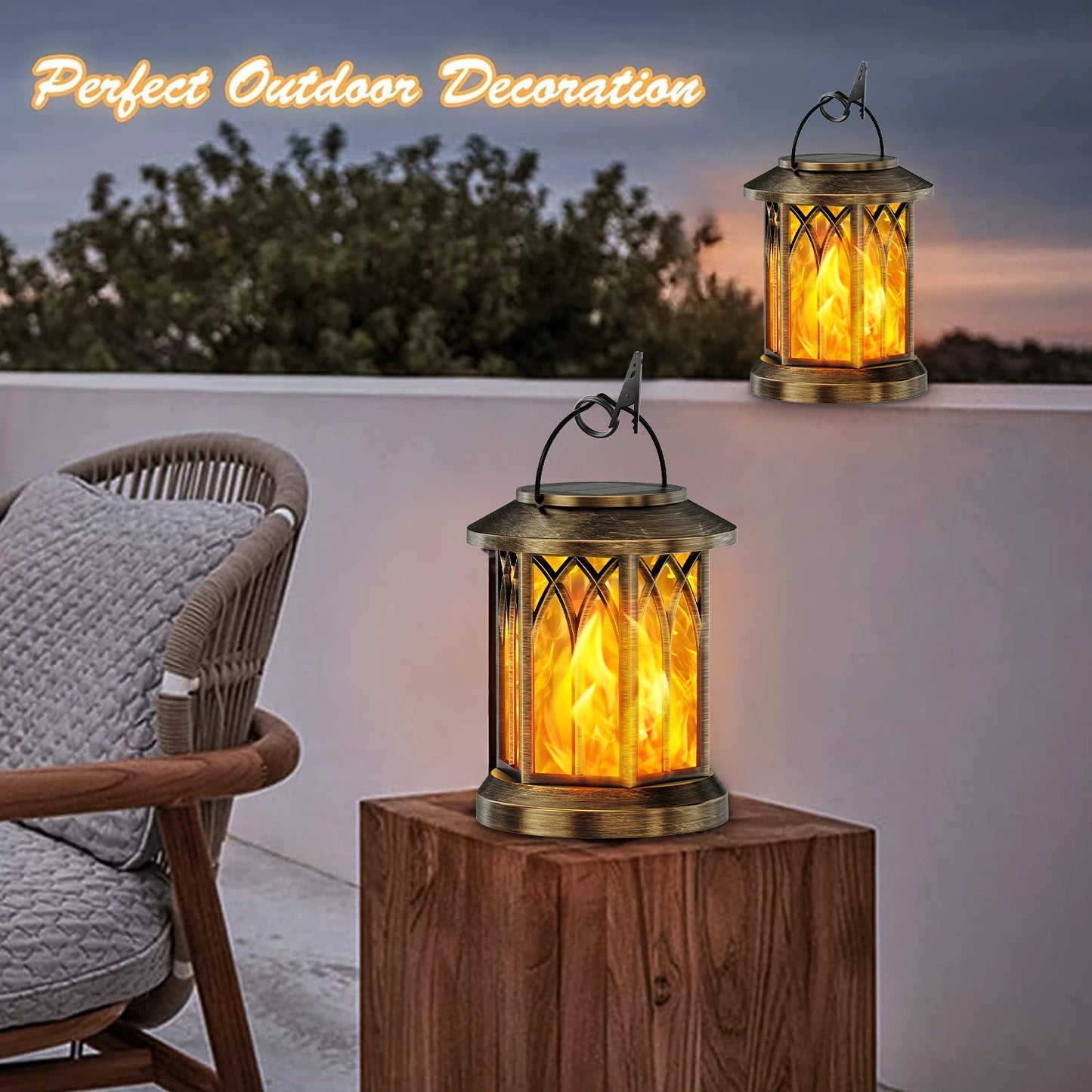 Flickering Flame Solar Lanterns Outdoor Hanging Lights