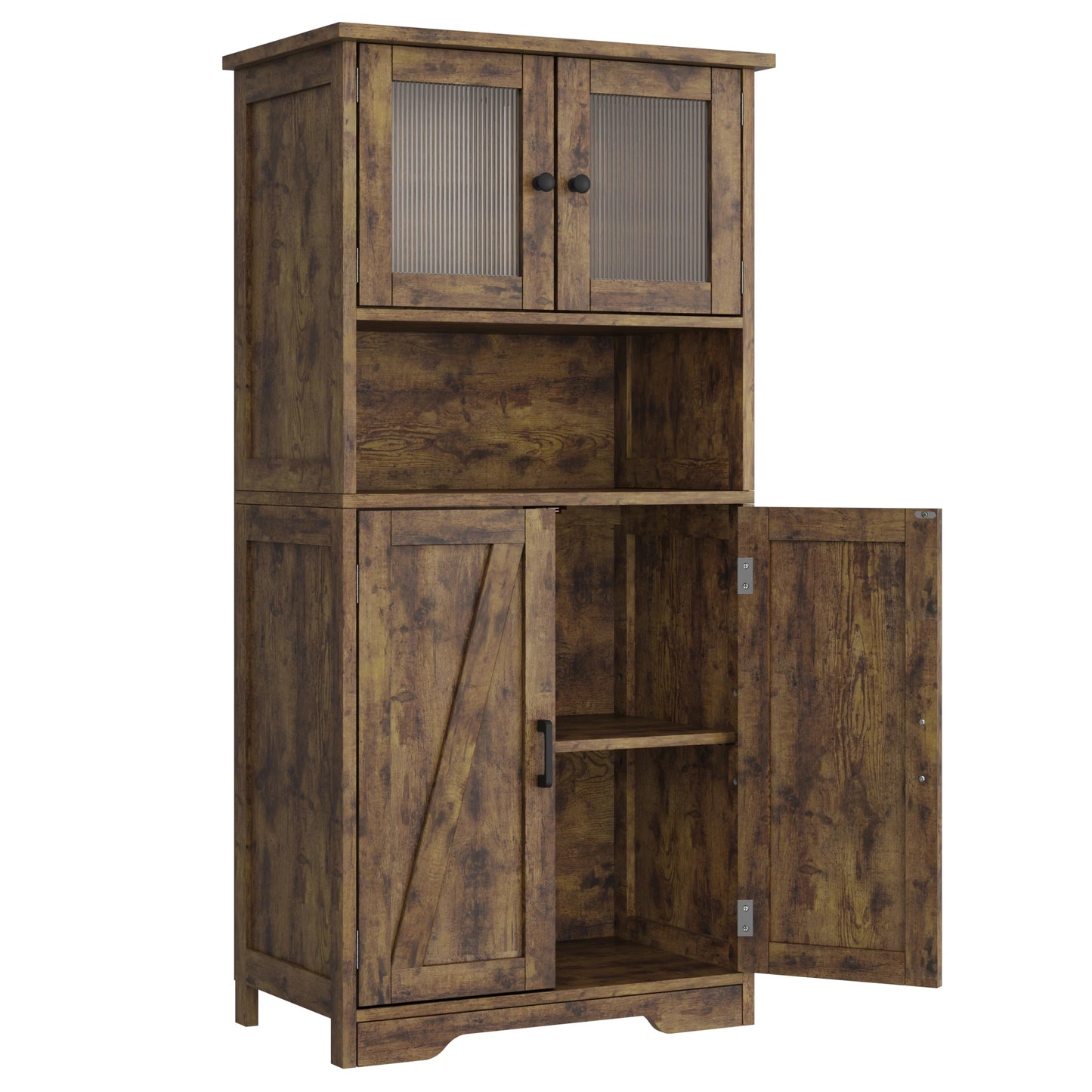 Freestanding Kitchen Pantry Cabinet with 4 Doors & Open Shelves – Tall Storage Cupboard with Tempered Glass Doors for Kitchen, Bathroom & Dining Room Organization