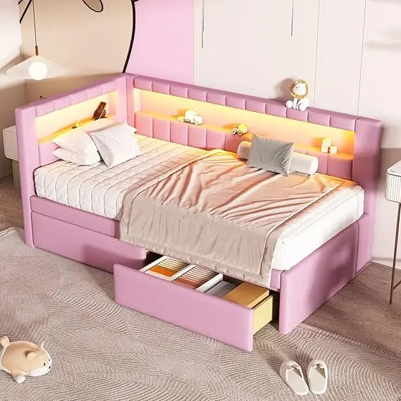 Twin Daybed Trundle L-Shaped Bookshelf Headboard