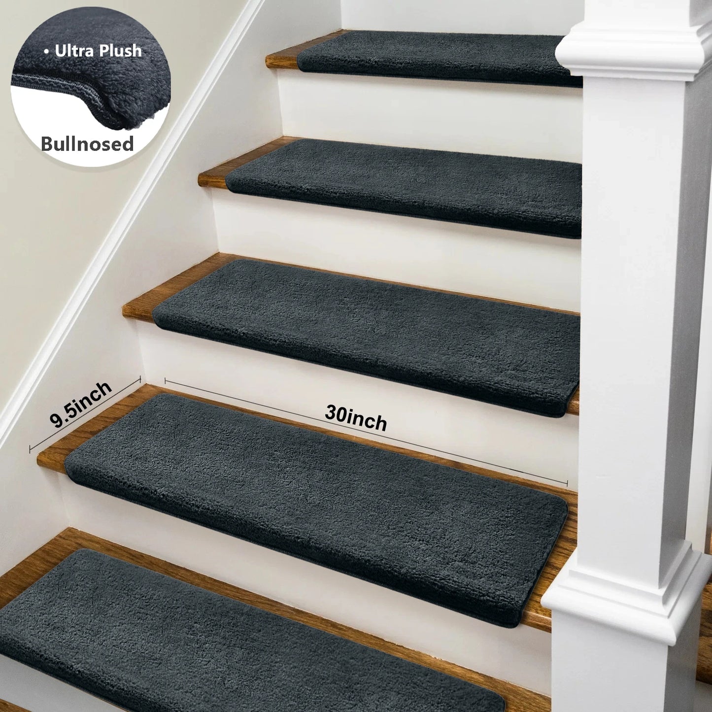 Bullnose Non-Slip Stair Treads – Ultra Plush Washable Self-Adhesive Carpet Mats, Peel & Stick Stair Covers for Safety, Elderly, Kids & Pets