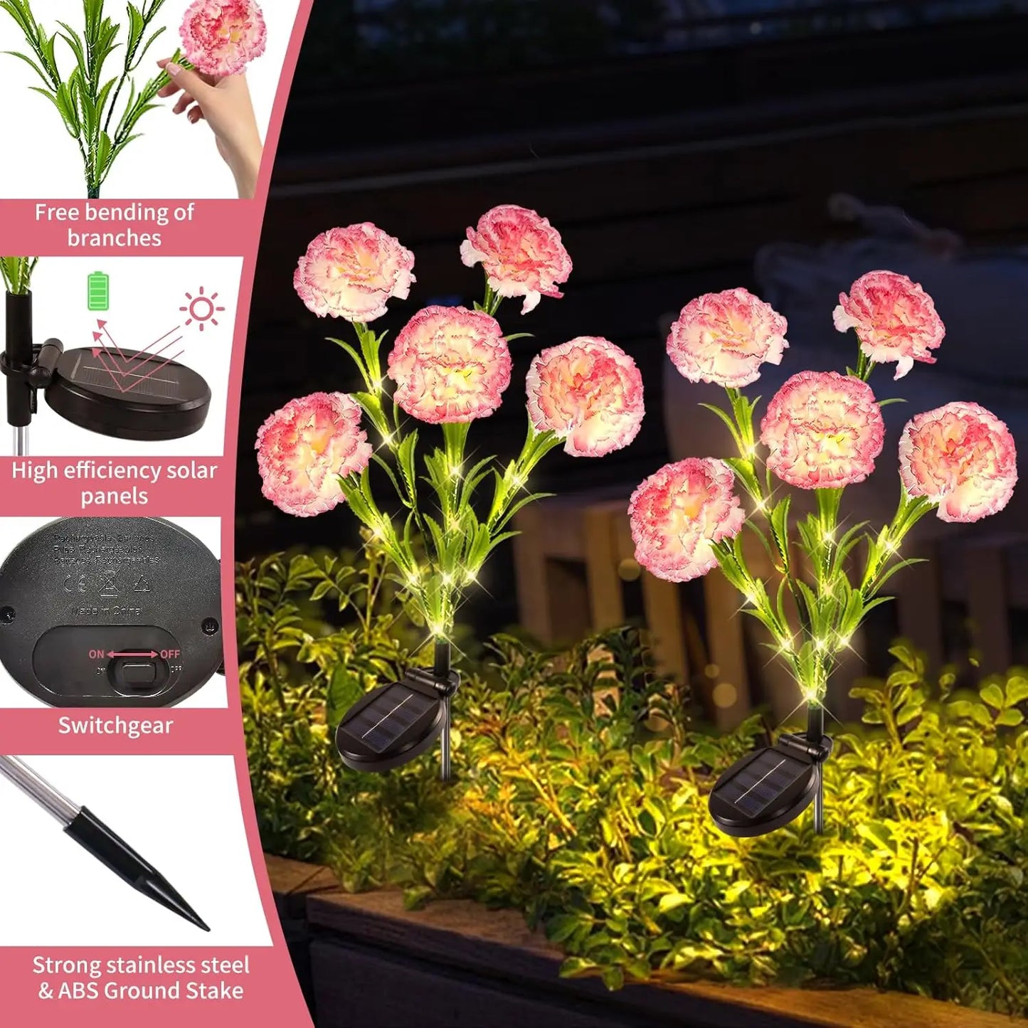 Solar LED Carnation Flower Garden Path Lights