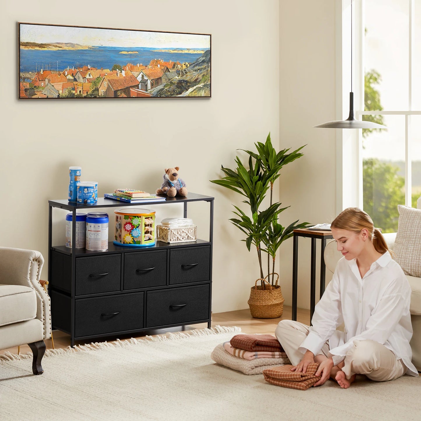 JHK Shoe Cabinet Dresser with 5 Fabric Drawers – Space-Saving Multi-Layer Shoe Rack Storage for Bedroom Living Room Entryway