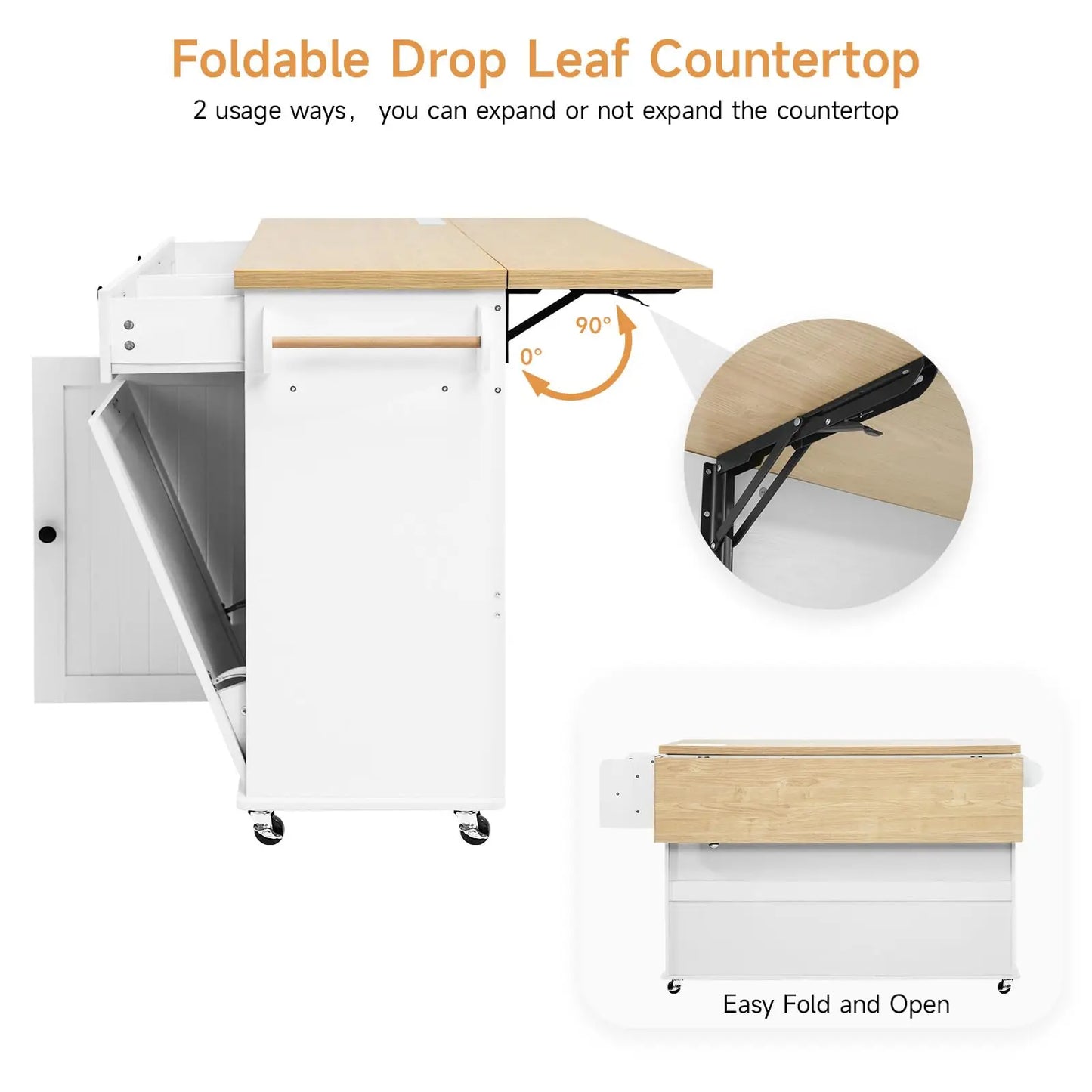 60 Inch Mobile Kitchen Island Rolling Cart with Drop Leaf Power Outlet Storage Trolley Spice Rack Towel Rack Trash Cabinet