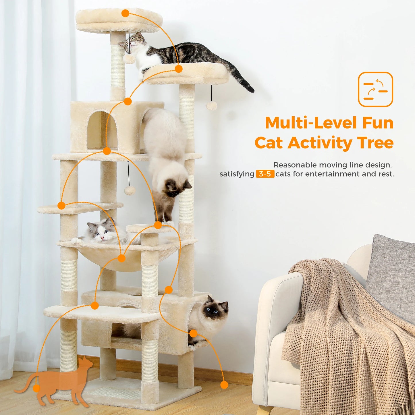 Large Indoor Cat Tree Tower – Multi-Level Perches, Hammock, Scratching Posts & Condo Playhouse