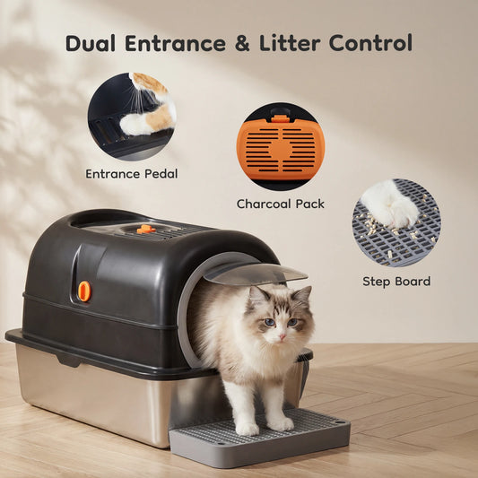 24" Stainless Steel Enclosed Cat Litter Box – Large 30L Metal Cat Litter Box with Scoop & Litter Mat, Odor-Resistant Covered Pet Toilet for Big Cats