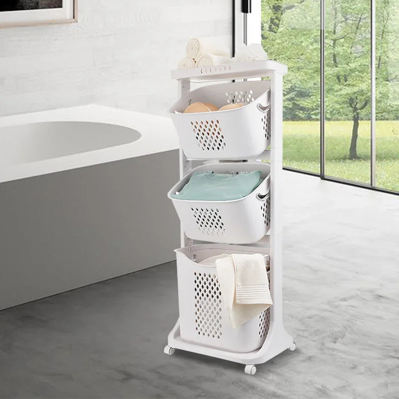 3-Layer Laundry Basket With Rolling Wheels Storage