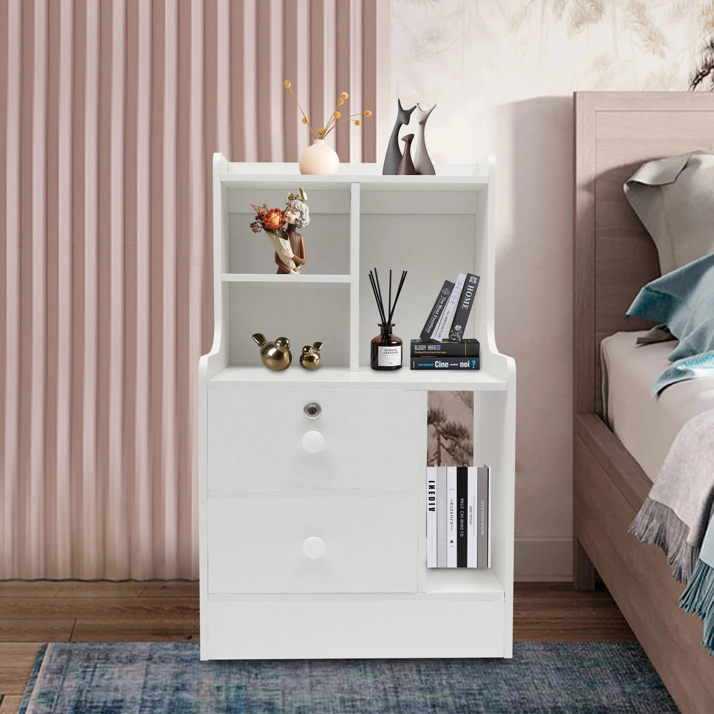 Lockable Bedside Table Double-Layer Storage Cabinet