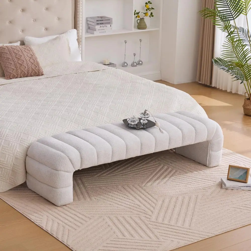 83.1” Modern Upholstered End of Bed Bench with Armrests – Chenille Chaise Lounge Bench with 2 Bolster Pillows, Bedroom Bench Seating for Bedroom, Living Room & Entryway