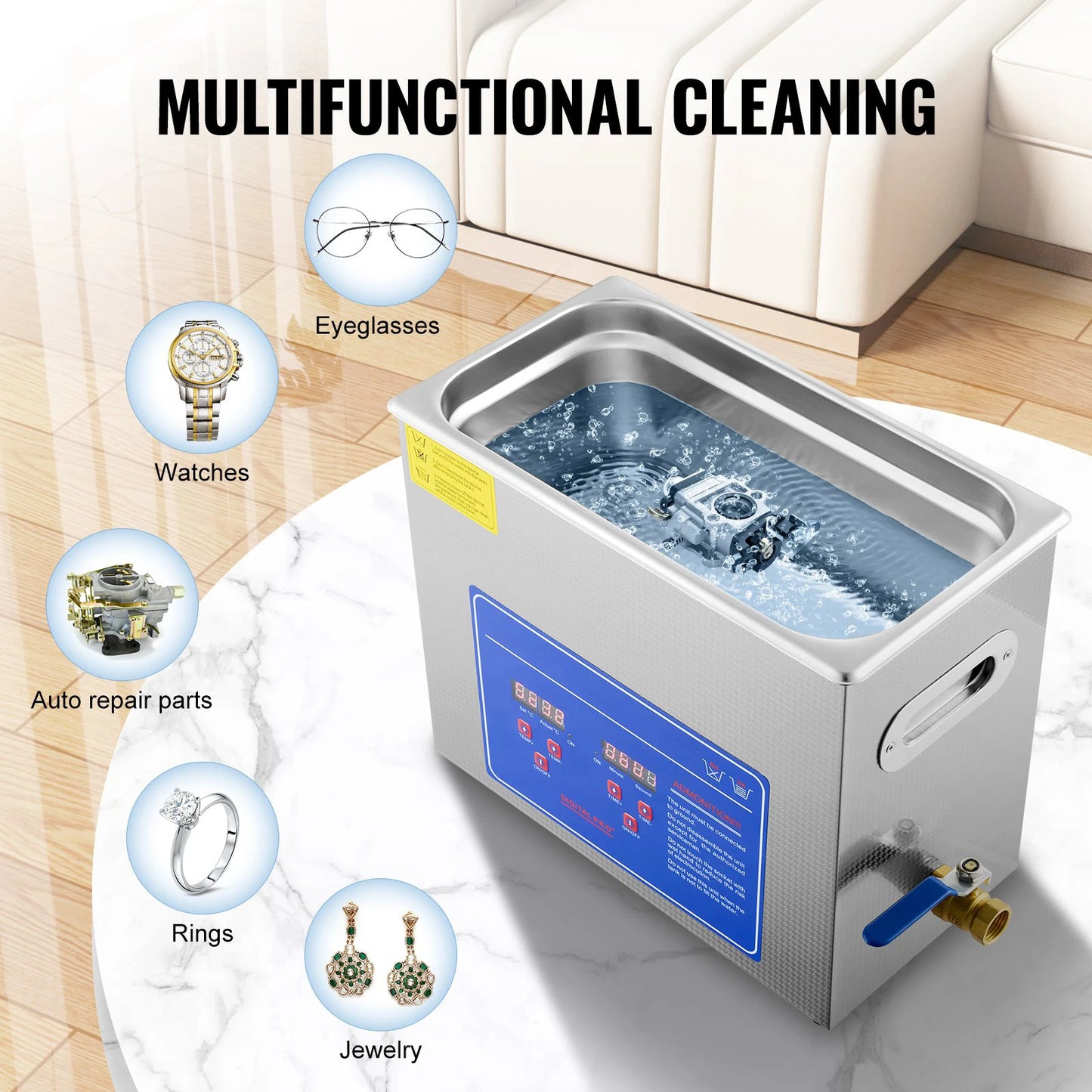 VEVOR 6L Ultrasonic Cleaner Machine with Digital Heater & Timer – Stainless Steel Jewelry Cleaning Equipment