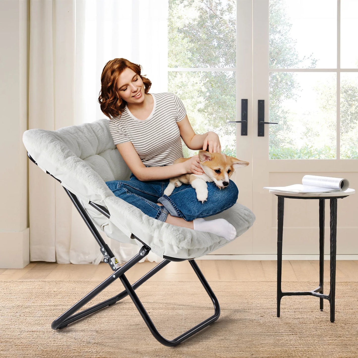JHK 28 Inch Cozy Saucer Chair Faux Fur Folding Lounge Chair Padded Seat Metal Frame Reading Chair for Bedroom Living Room