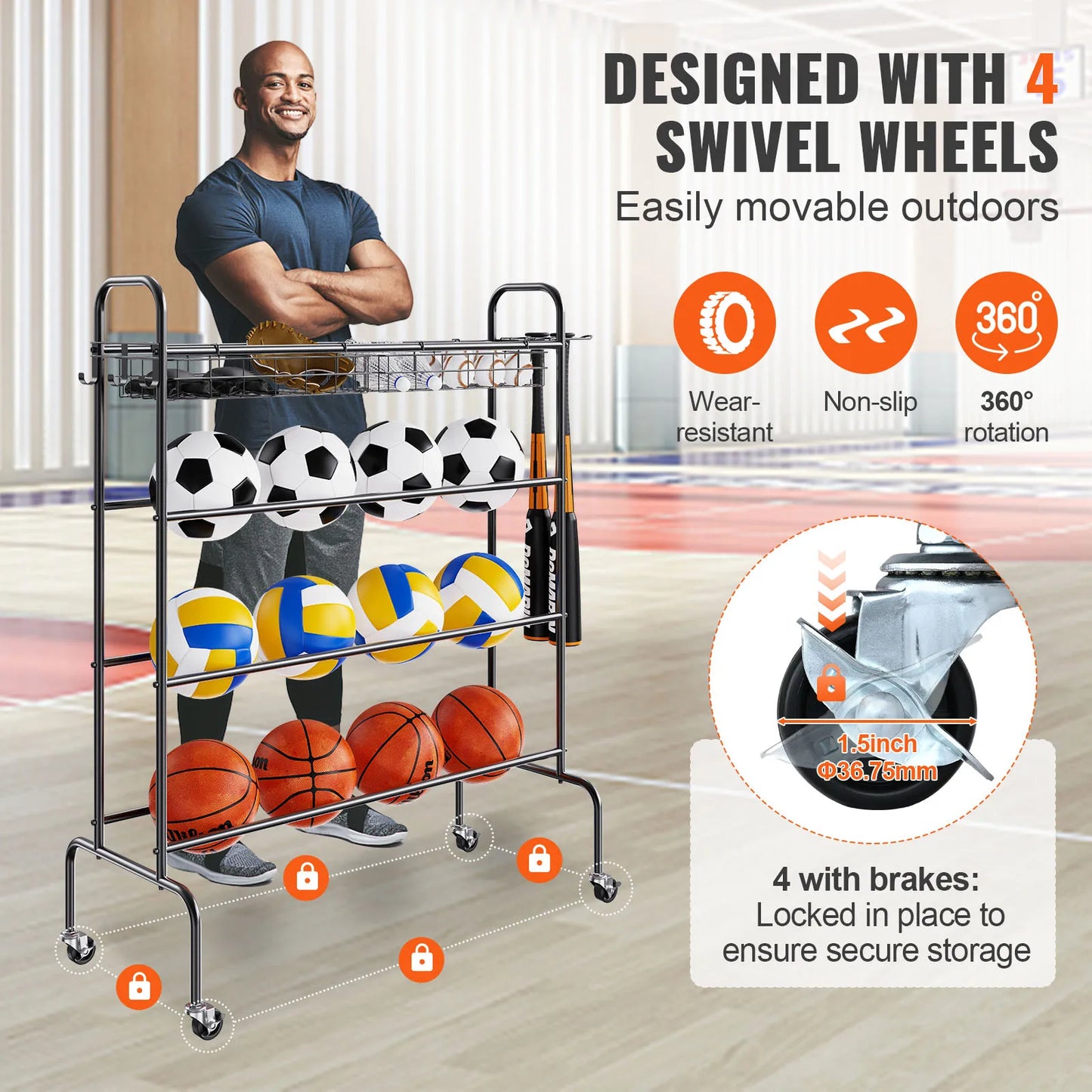 VEVOR 4-Layer Rolling Basketball Storage Rack Organizer