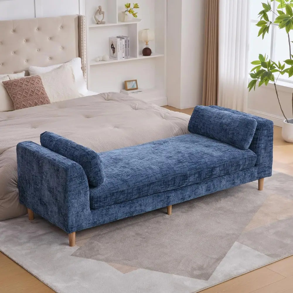 83.1” Modern Upholstered End of Bed Bench with Armrests – Chenille Chaise Lounge Bench with 2 Bolster Pillows, Bedroom Bench Seating for Bedroom, Living Room & Entryway