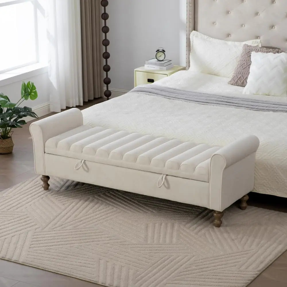 83.1” Modern Upholstered End of Bed Bench with Armrests – Chenille Chaise Lounge Bench with 2 Bolster Pillows, Bedroom Bench Seating for Bedroom, Living Room & Entryway