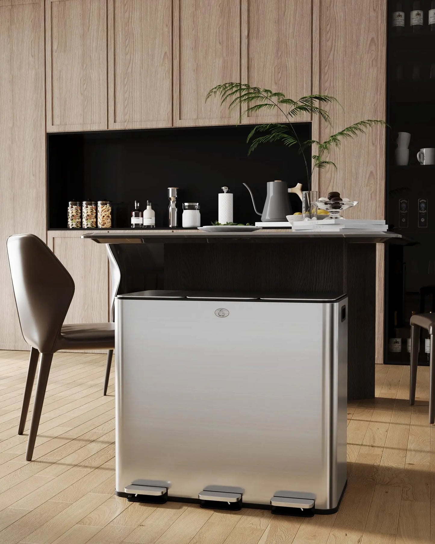 60L/90L Stainless Steel Triple Compartment Trash Can – Soft-Close Step Garbage Bin with Fingerprint-Resistant Finish for Kitchen Recycling & Waste Sorting