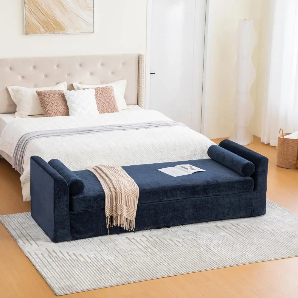 83.1” Modern Upholstered End of Bed Bench with Armrests – Chenille Chaise Lounge Bench with 2 Bolster Pillows, Bedroom Bench Seating for Bedroom, Living Room & Entryway