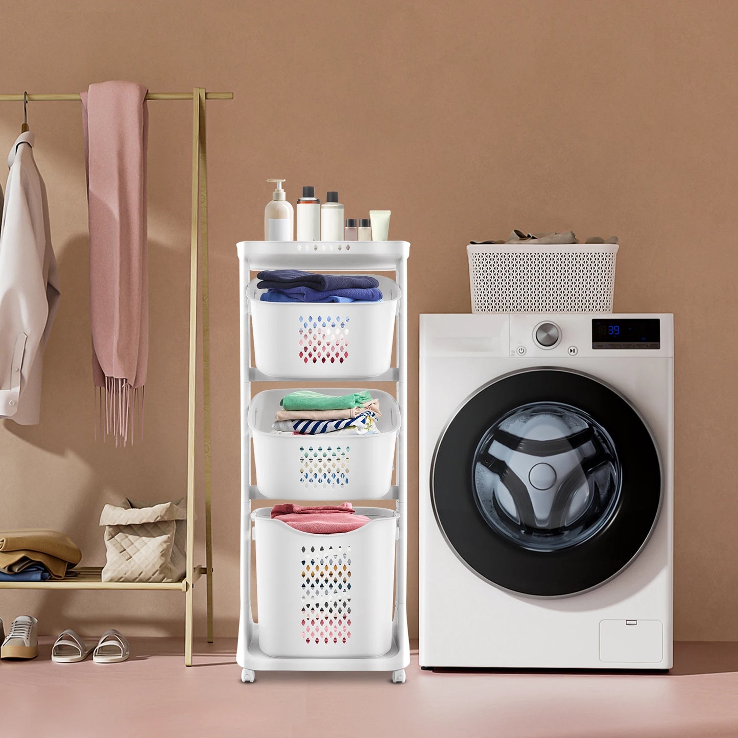 3-Layer Laundry Basket With Rolling Wheels Storage
