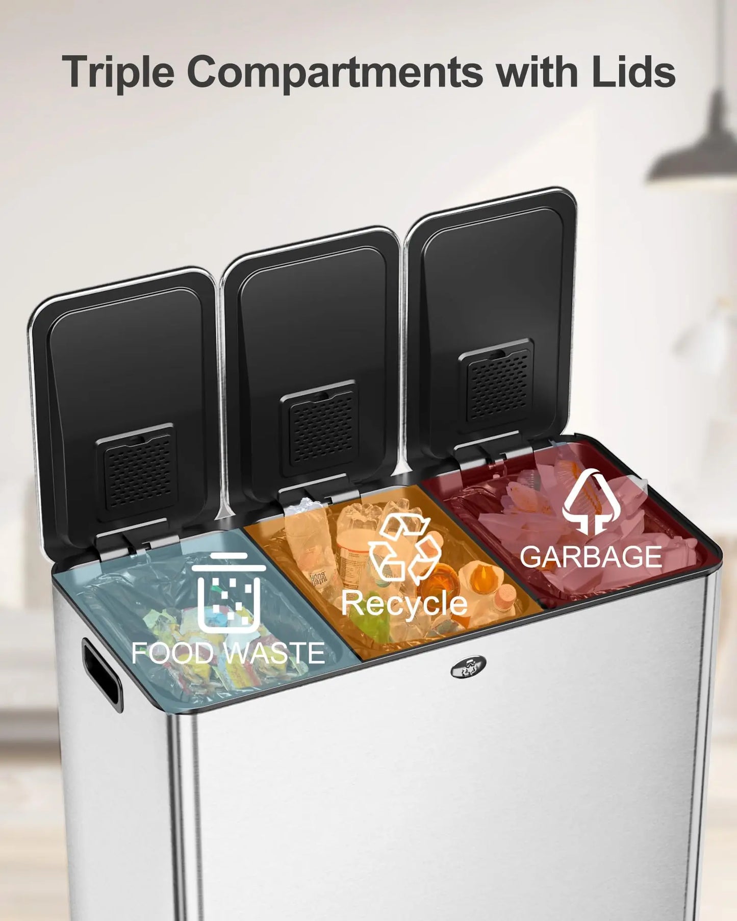 60L/90L Stainless Steel Triple Compartment Trash Can – Soft-Close Step Garbage Bin with Fingerprint-Resistant Finish for Kitchen Recycling & Waste Sorting