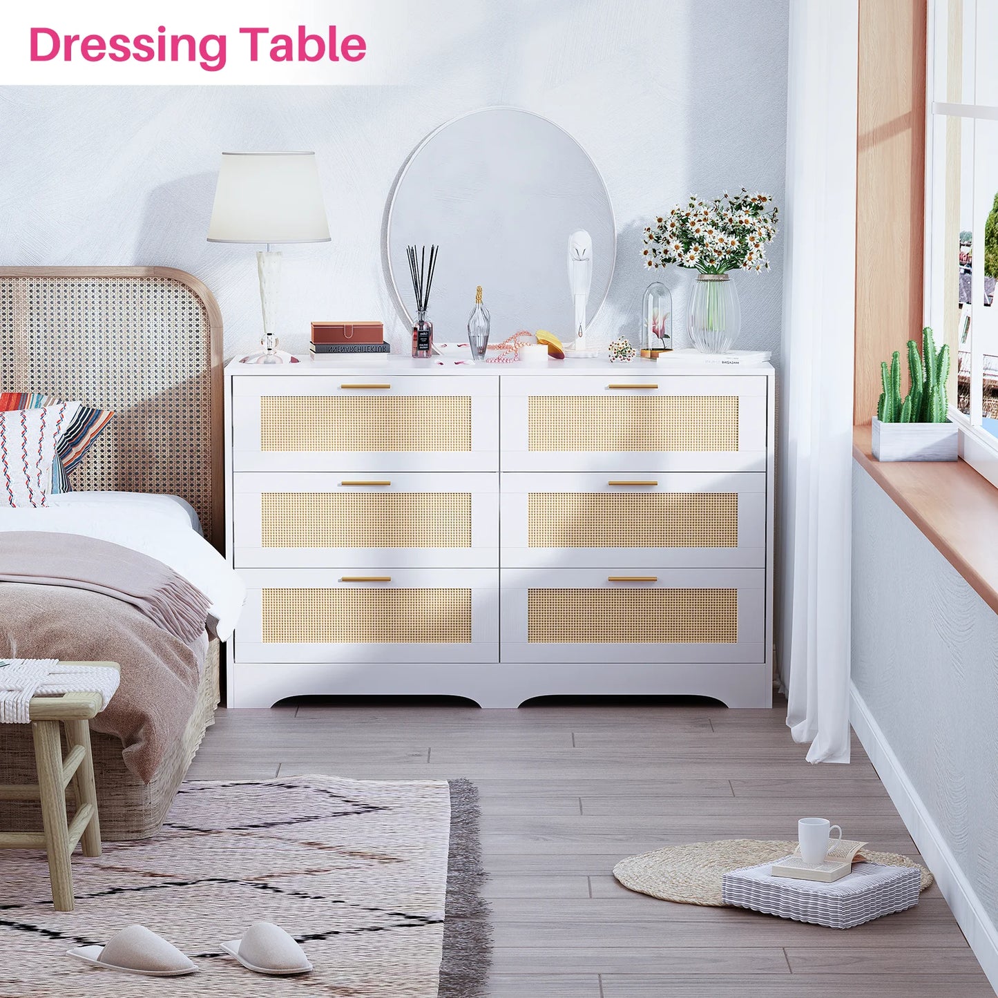 47” Rattan Dresser with 6 Drawers – Modern Wooden Storage Chest with Gold Handles, Boho Bedroom Organizer Cabinet for Living Room, Hallway & Closet