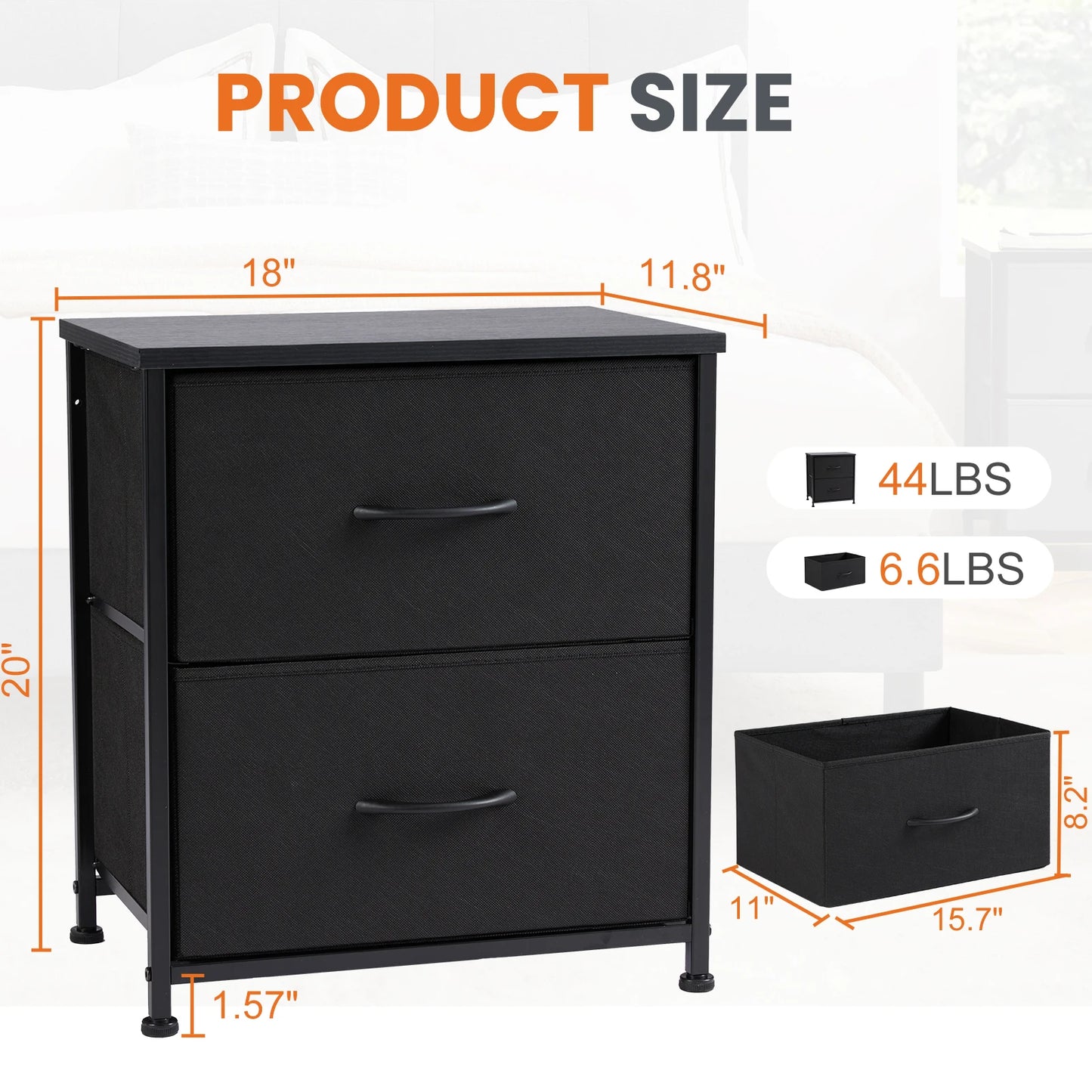 JHK Nightstand with Fabric Drawers Bedroom Storage