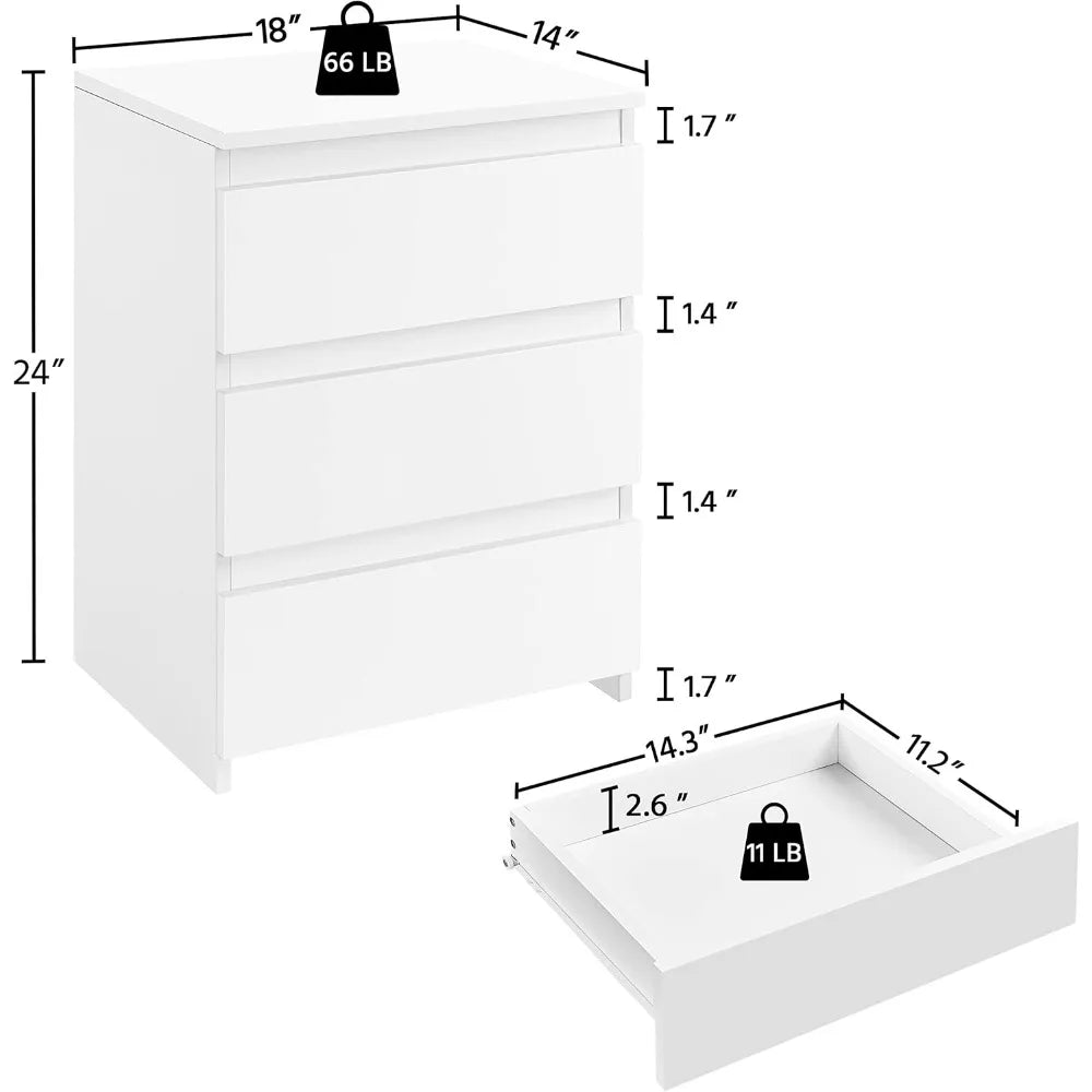 2PCS White 3-Drawer Bedside Nightstand Storage