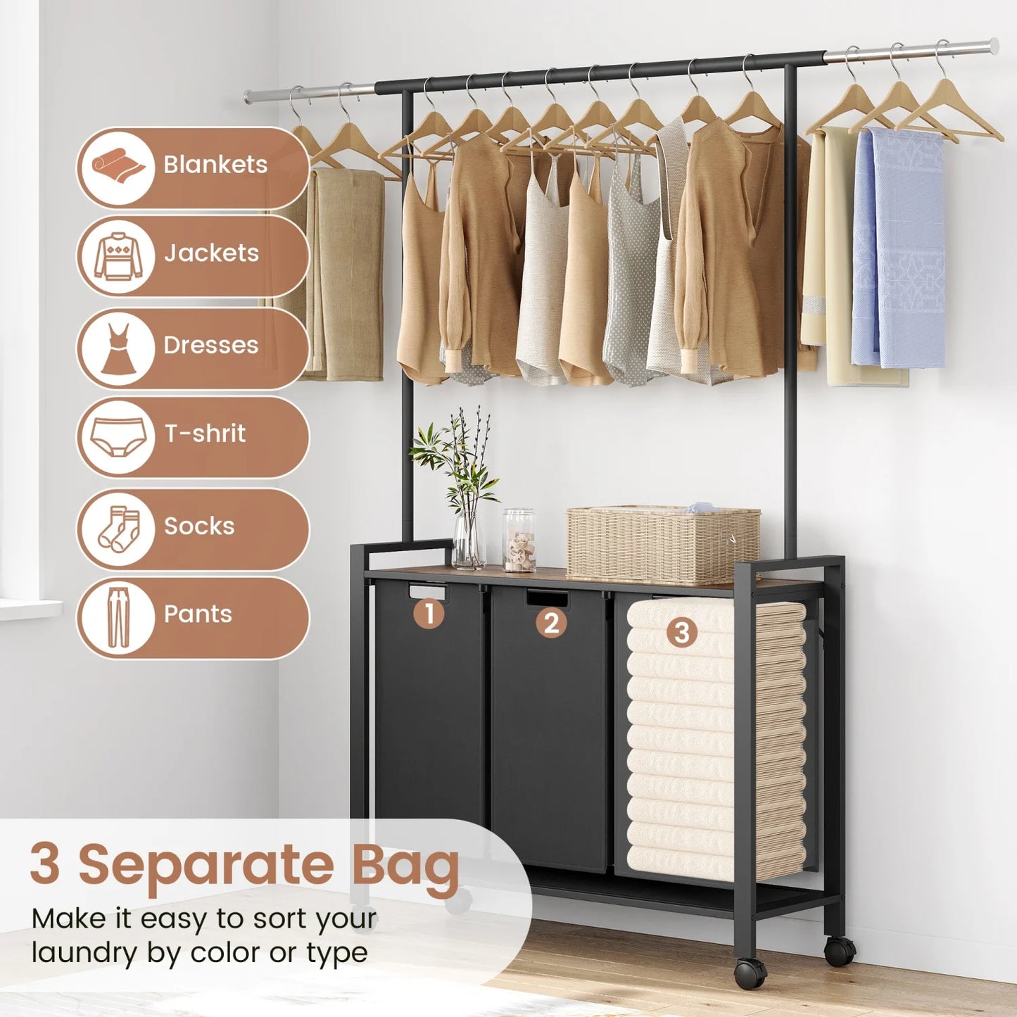 Laundry Sorter Basket With Extendable Hanging Bar