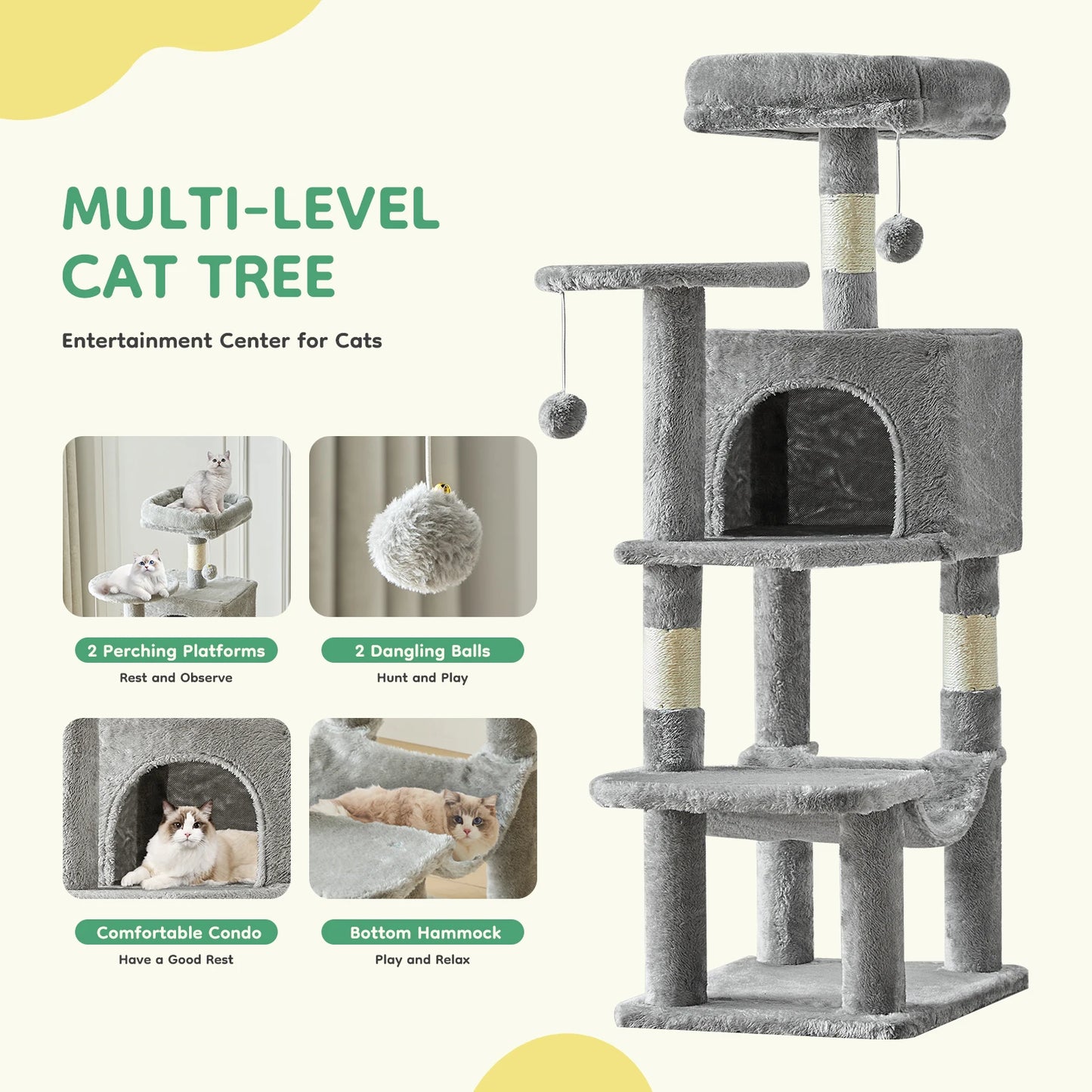 JHK 44-Inch Cat Tree for Indoor Cats – Multi-Level Climbing Tower with Sisal Scratching Posts & Stable Pet House