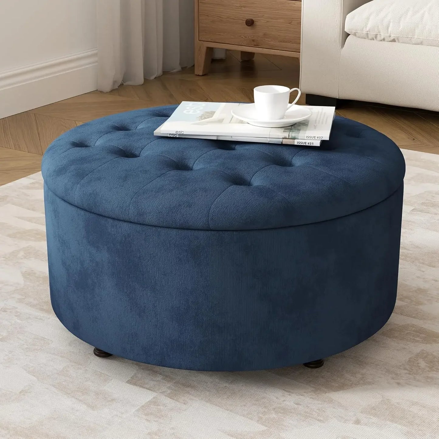 Round Tufted Storage Ottoman Coffee Table