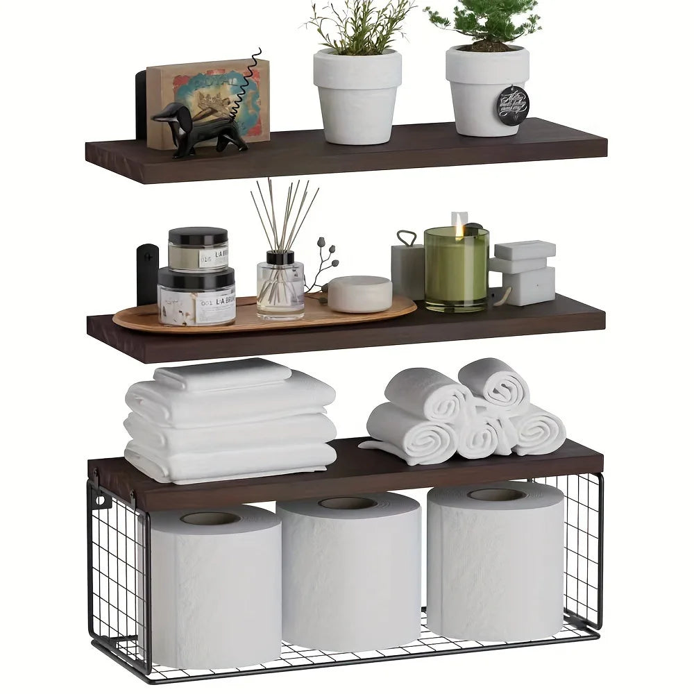 Wall Mounted Floating Shelves – Set of 3 Wooden Farmhouse Bathroom Shelves for Bedroom, Living Room & Home Storage