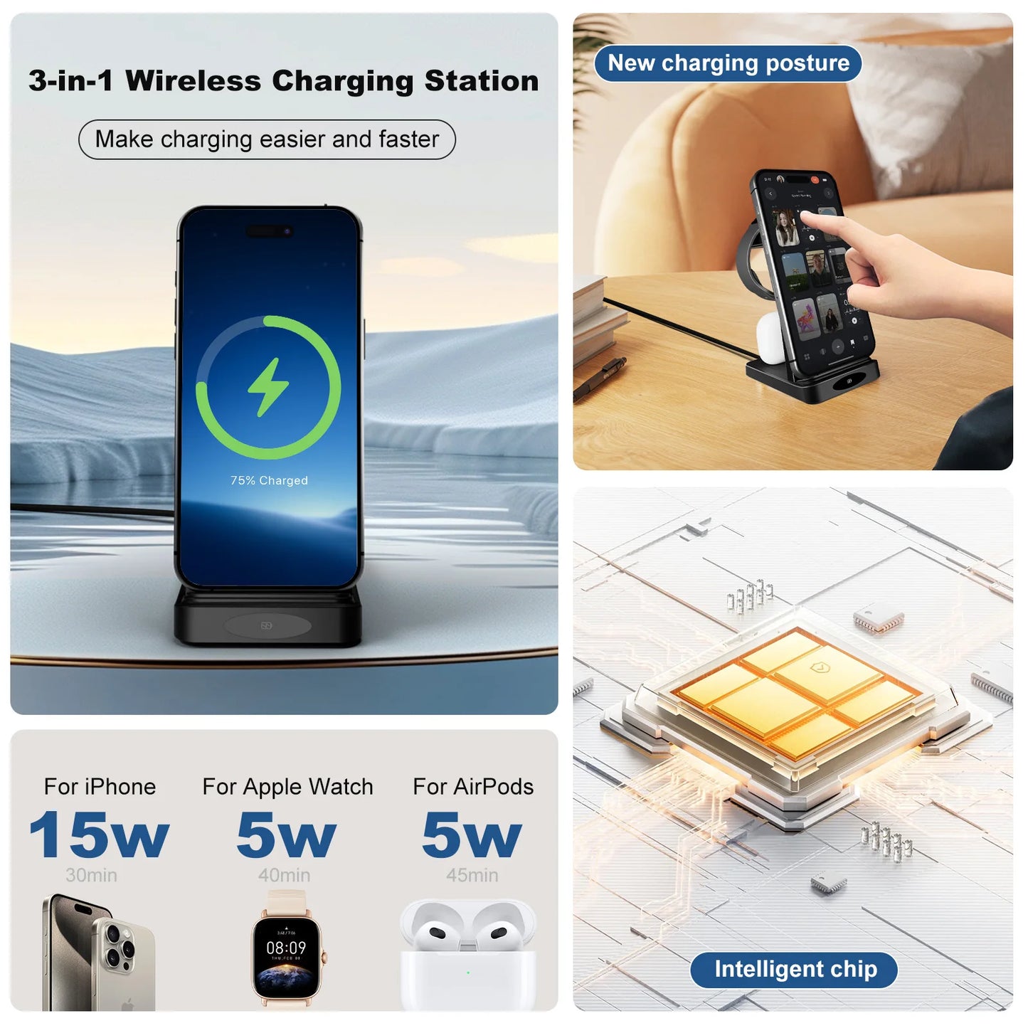 Foldable 3-in-1 Wireless Fast Charging Station