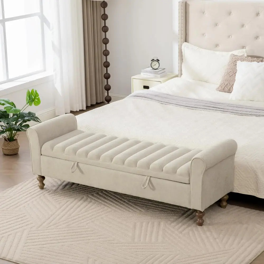 83.1” Modern Upholstered End of Bed Bench with Armrests – Chenille Chaise Lounge Bench with 2 Bolster Pillows, Bedroom Bench Seating for Bedroom, Living Room & Entryway