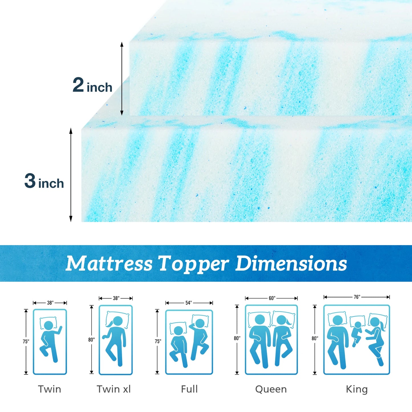 2-Inch Full Size Memory Foam Mattress Topper – Cooling Gel Infused Soft Bed Topper, Breathable Pressure Relief Mattress Pad for Bedroom & Home