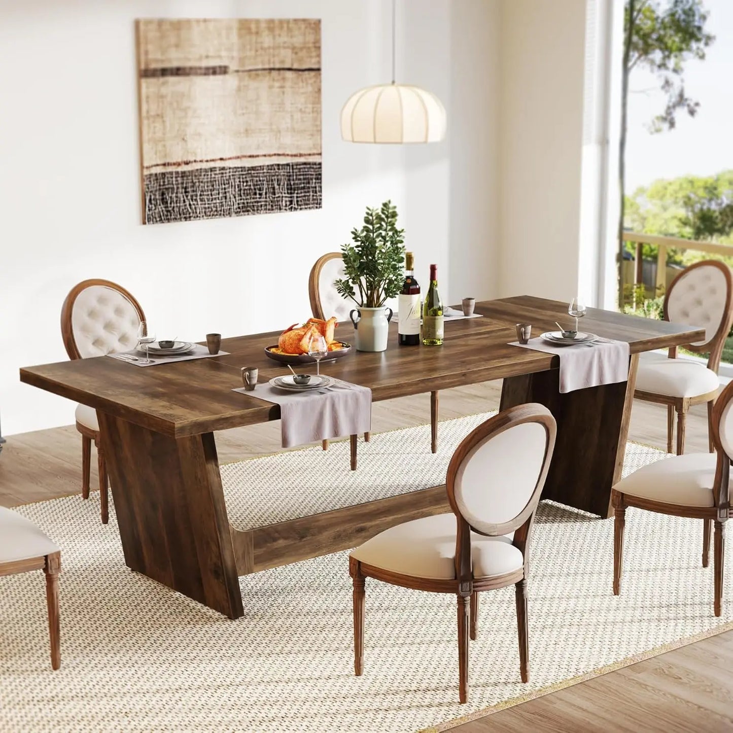 Farmhouse Dining Room Table – Large Rectangular Solid Pedestal Kitchen Table for Family Meals, Rustic Wooden Dinner Table for Dining Room & Home Gathering