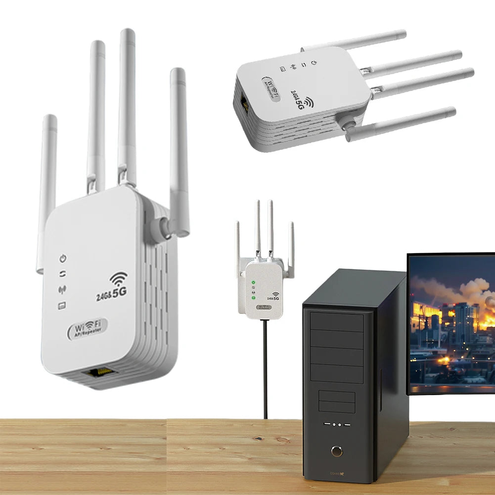 1200Mbps Dual-Band WiFi Repeater – Wireless WiFi Extender with WAN/LAN Port & 4 Antennas for Whole Home Coverage