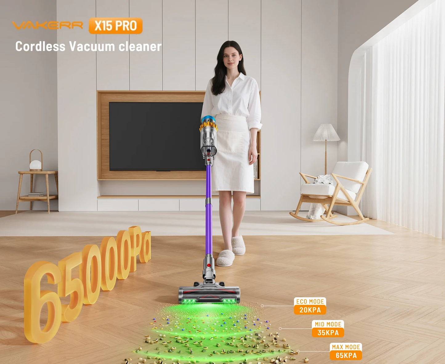 VAKERR X15 Pro Cordless Vacuum Cleaner – 65KPa Powerful Stick Vacuum with 650W Motor, 70-Min Runtime, Pet Hair Removal for Carpet & Hard Floors