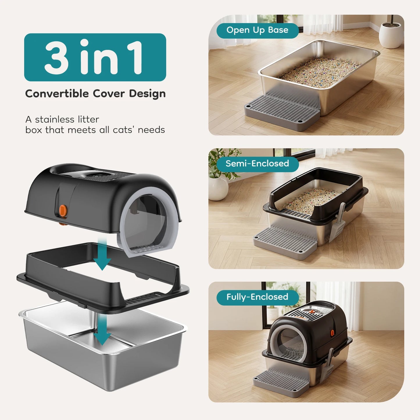24" Stainless Steel Enclosed Cat Litter Box – Large 30L Metal Cat Litter Box with Scoop & Litter Mat, Odor-Resistant Covered Pet Toilet for Big Cats