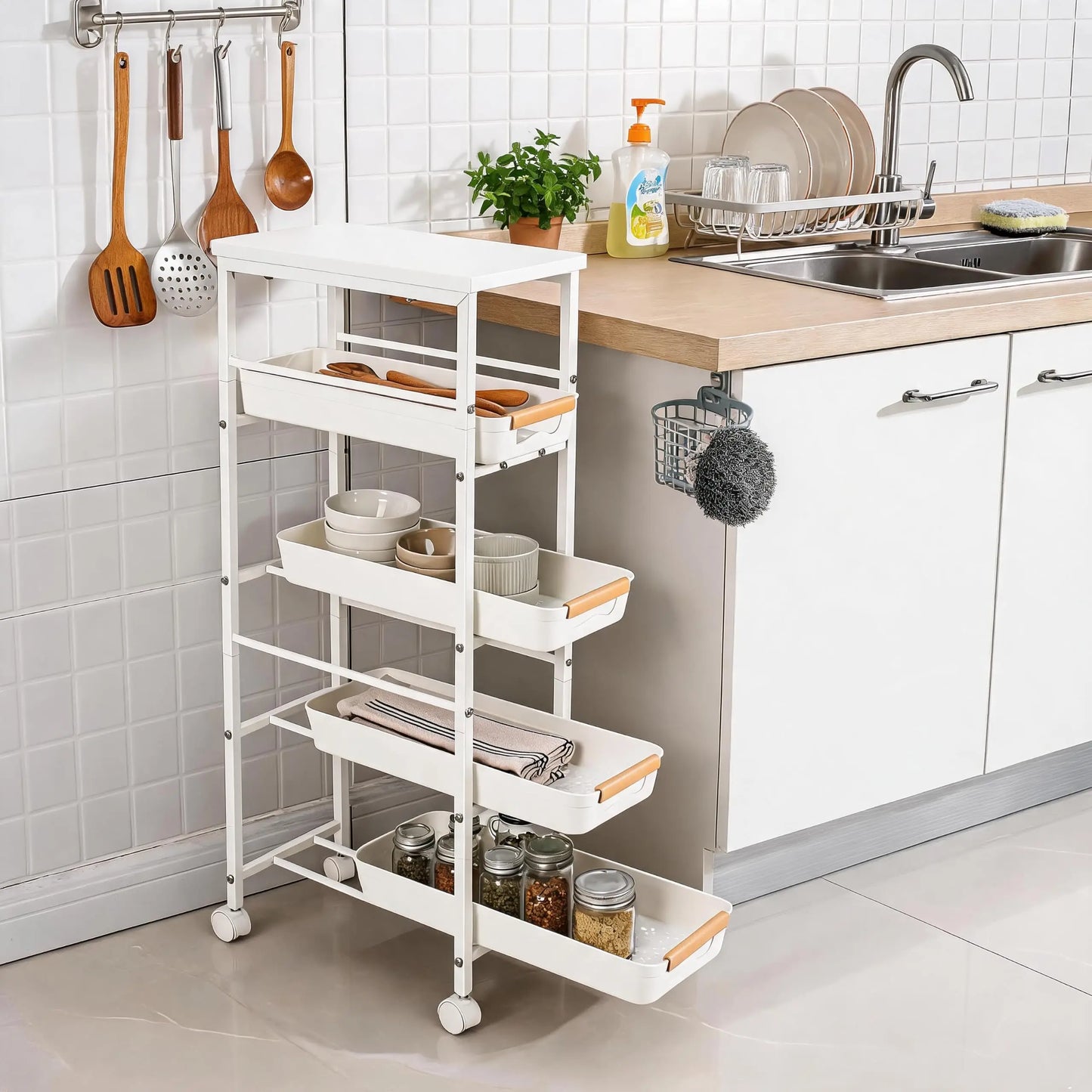 5-Tier Rolling Kitchen Storage Cart with Pull-Out Baskets & Tabletop – Slim Space-Saving Utility Cart on Wheels for Kitchen, Pantry, Bathroom & Living Room Organization