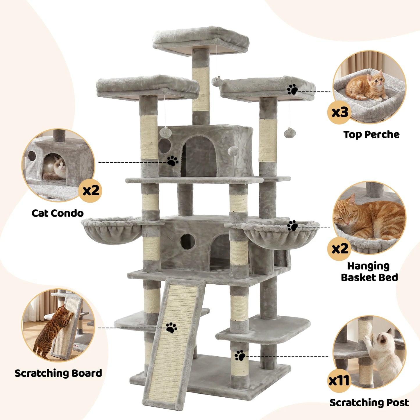 68" Large Multi-Level Cat Tree Tower – Indoor Cat Activity Center with 2 Condos, 3 Plush Perches & Scratching Posts, Luxury Climbing Playground for Kittens and Cats