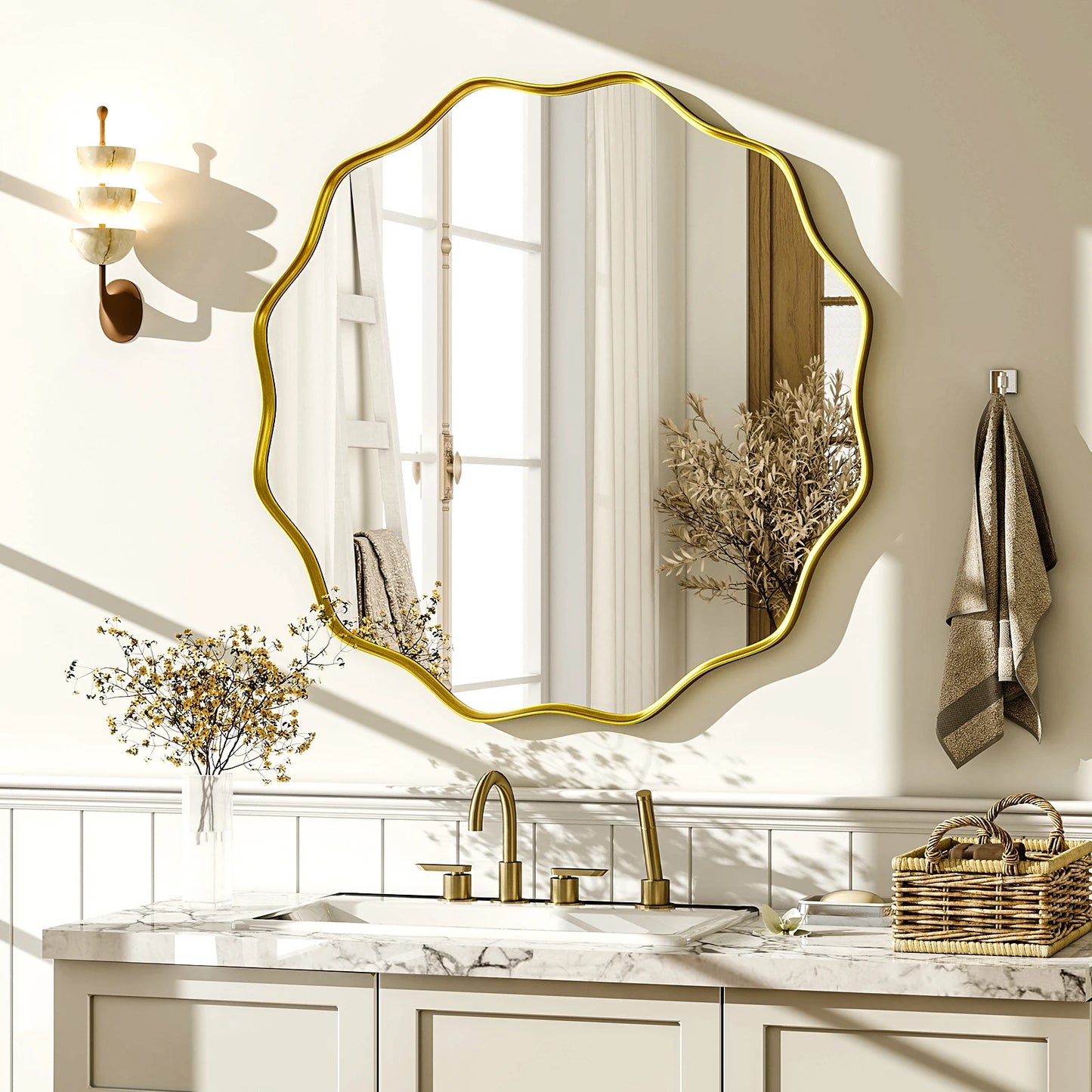 Wavy Round Bathroom Mirror Decorative Wall Mirror with Deep Frame Modern Vanity Mirror for Bedroom Living Room Home Decor