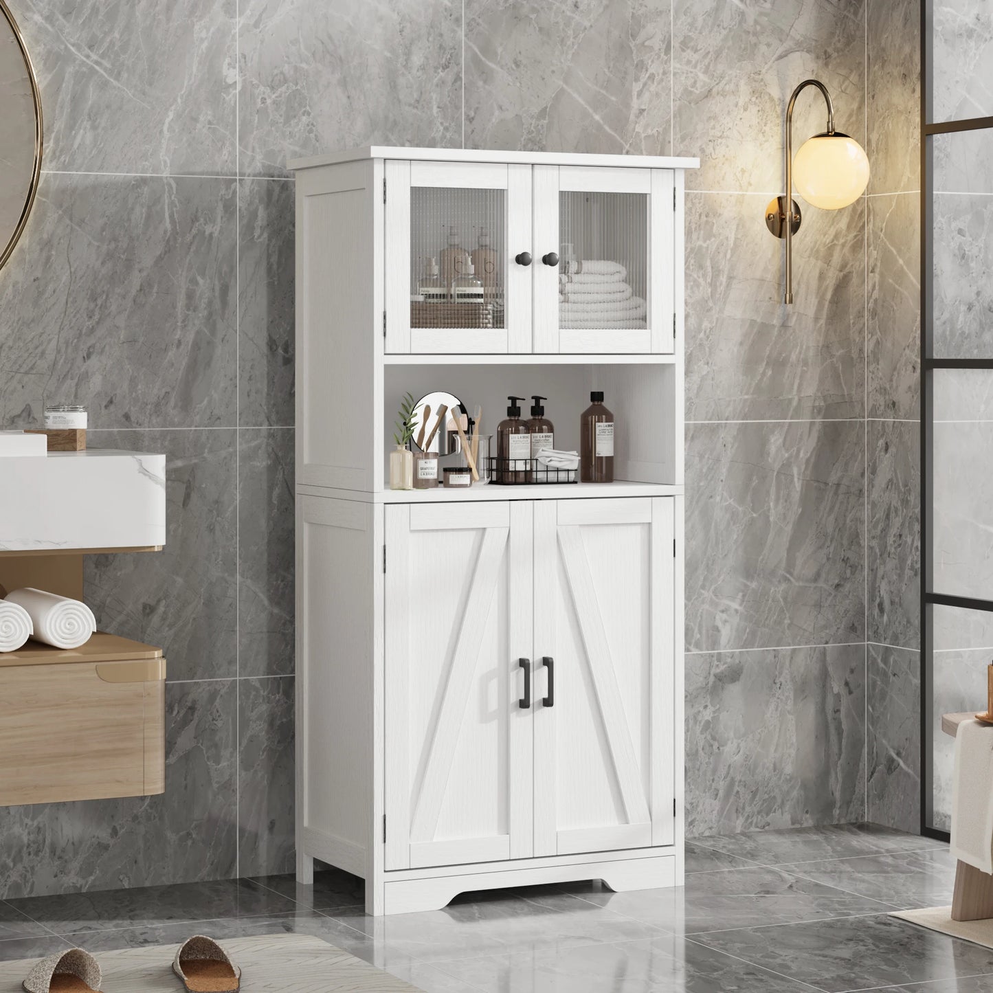 Freestanding Kitchen Pantry Cabinet with 4 Doors & Open Shelves – Tall Storage Cupboard with Tempered Glass Doors for Kitchen, Bathroom & Dining Room Organization