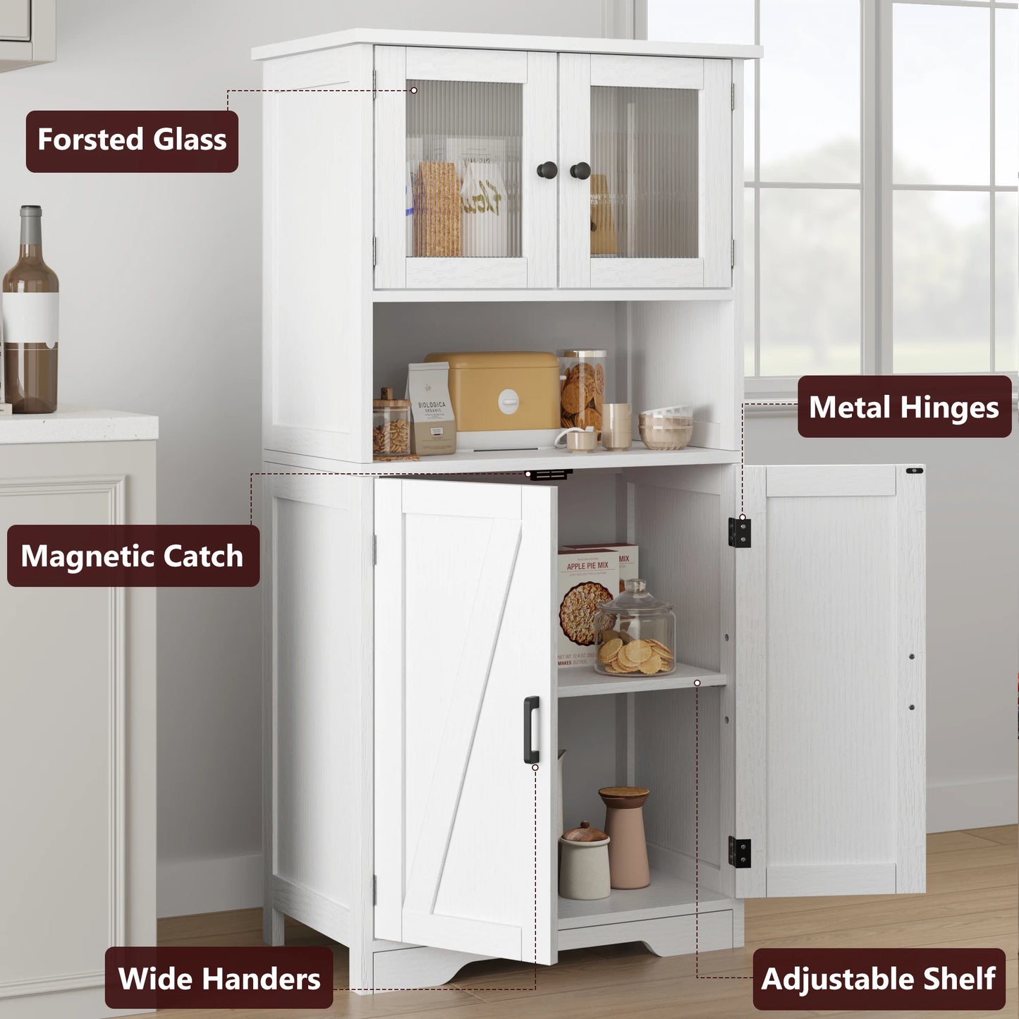 Freestanding Kitchen Pantry Cabinet with 4 Doors & Open Shelves – Tall Storage Cupboard with Tempered Glass Doors for Kitchen, Bathroom & Dining Room Organization