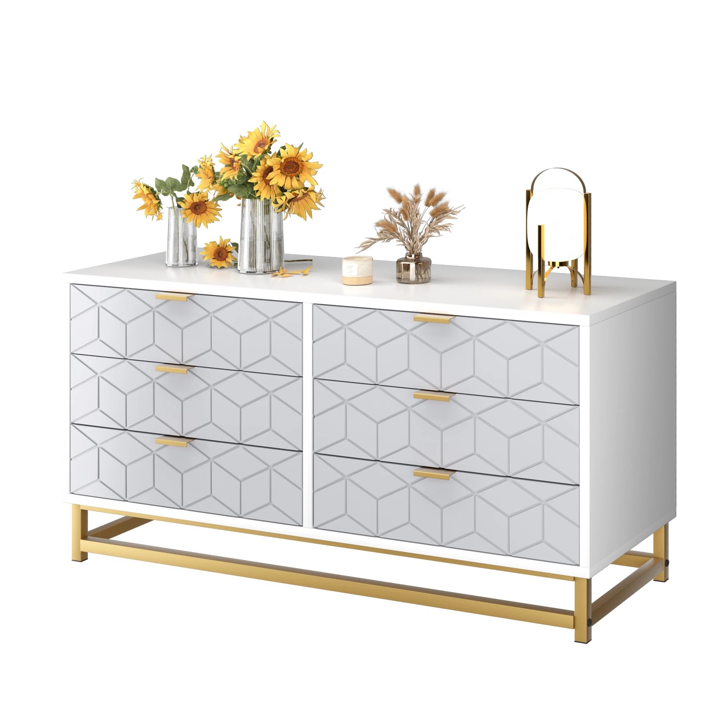 Luxury 6-Drawer Diamond Dresser with Golden Accents