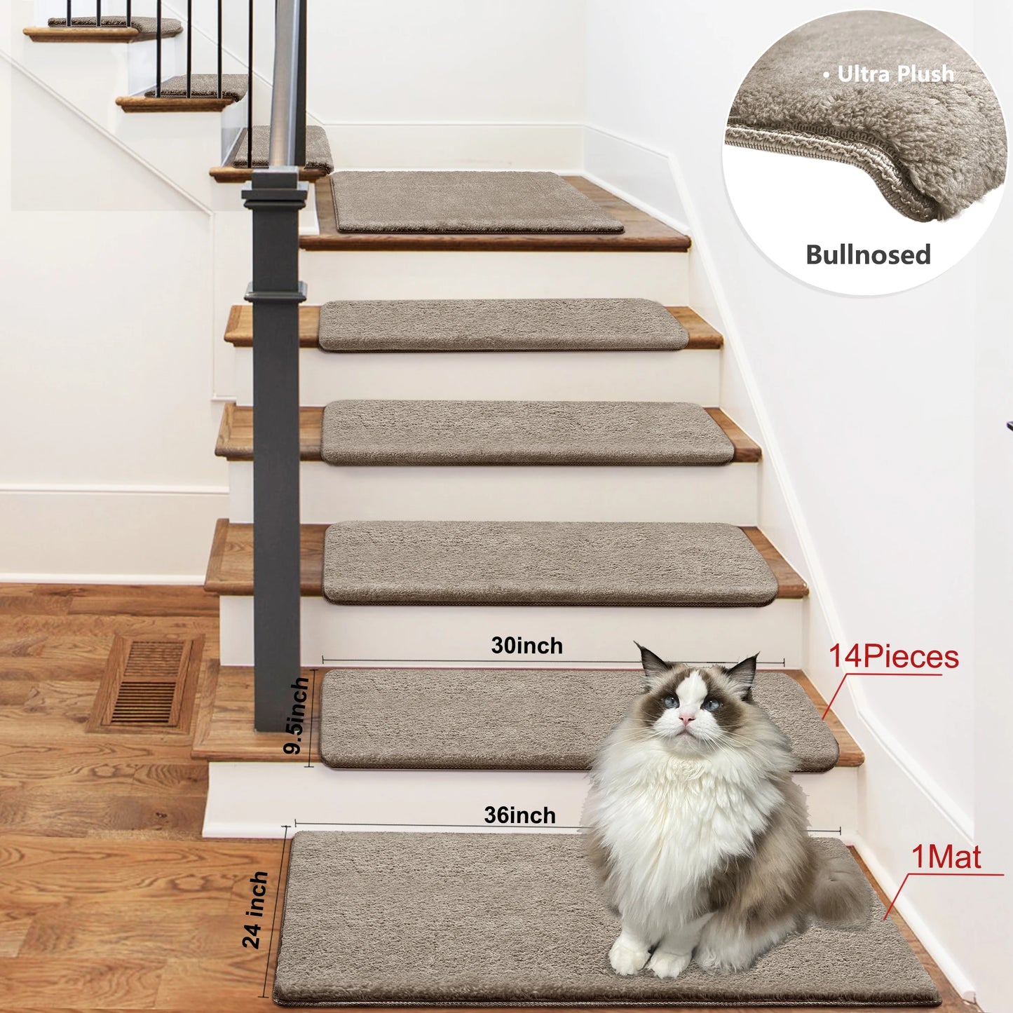 Bullnose Non-Slip Stair Treads – Ultra Plush Washable Self-Adhesive Carpet Mats, Peel & Stick Stair Covers for Safety, Elderly, Kids & Pets