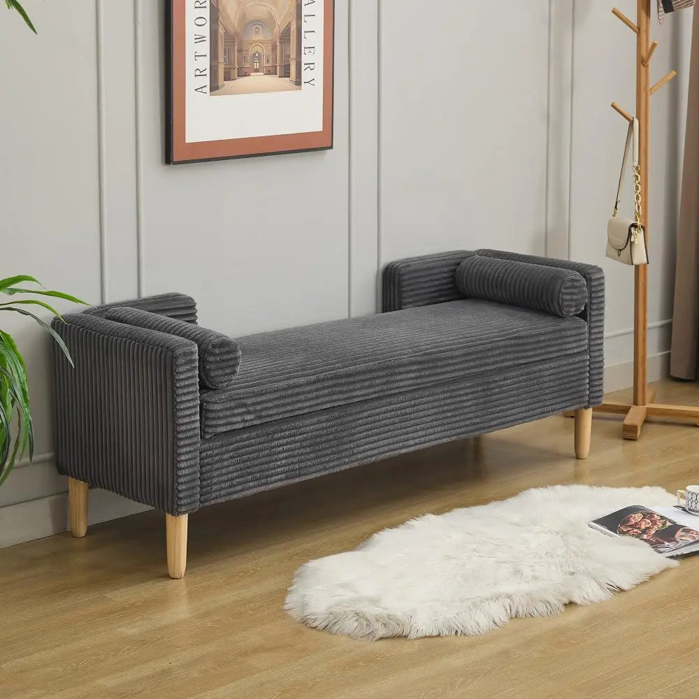 83.1” Modern Upholstered End of Bed Bench with Armrests – Chenille Chaise Lounge Bench with 2 Bolster Pillows, Bedroom Bench Seating for Bedroom, Living Room & Entryway