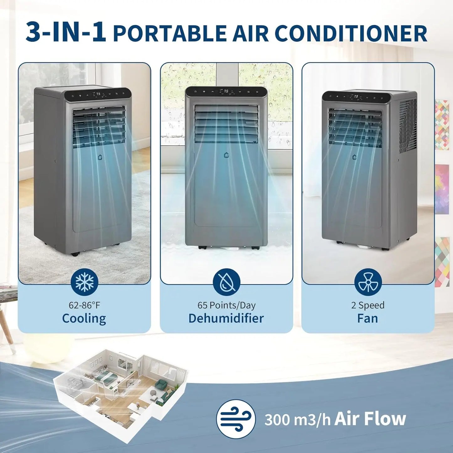 Portable Air Conditioner 10000 BTU – 3-in-1 Quiet AC Unit with Fan & Dehumidifier, Remote Control, Portable Cooling for Rooms Up to 450 Sq Ft