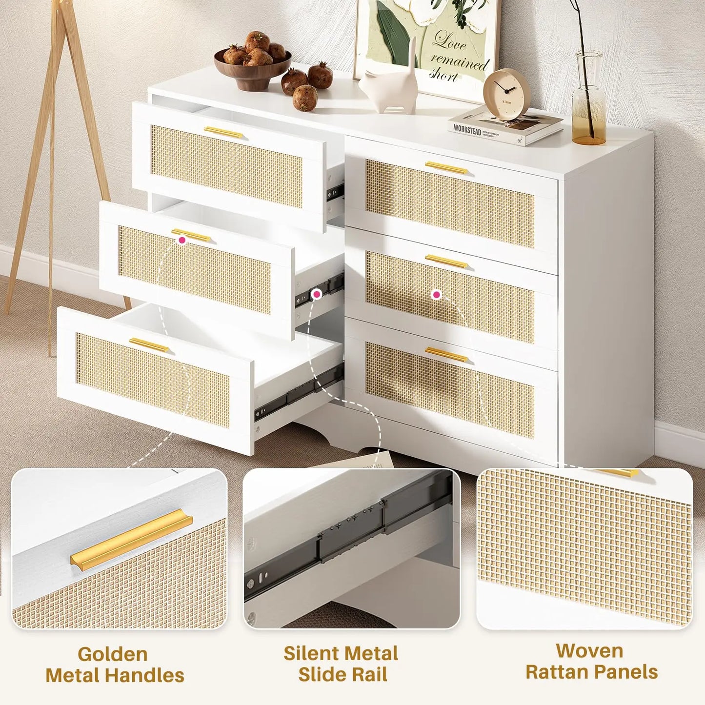 47” Rattan Dresser with 6 Drawers – Modern Wooden Storage Chest with Gold Handles, Boho Bedroom Organizer Cabinet for Living Room, Hallway & Closet