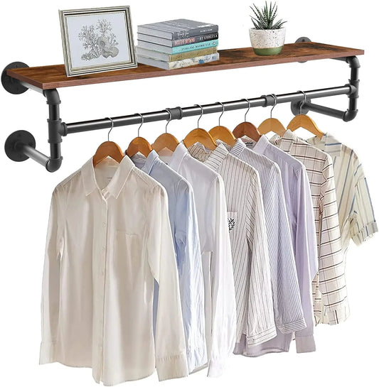Industrial Pipe Wall Mounted Clothes Rack with Wood Shelf – Rustic Garment Hanging Rack for Bedroom, Laundry Room, Entryway, Closet & Retail Clothing Storage