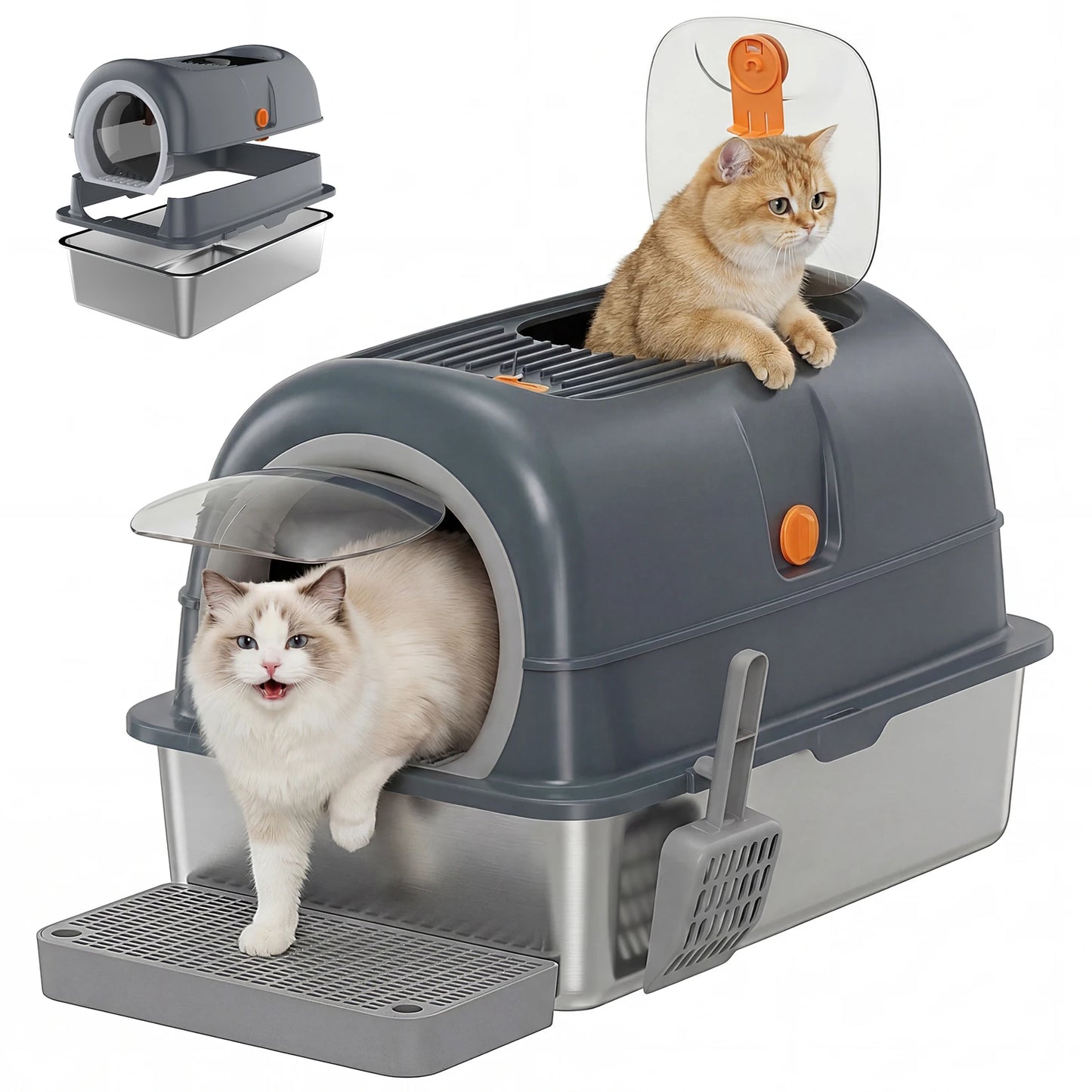 24" Stainless Steel Enclosed Cat Litter Box – Large 30L Metal Cat Litter Box with Scoop & Litter Mat, Odor-Resistant Covered Pet Toilet for Big Cats
